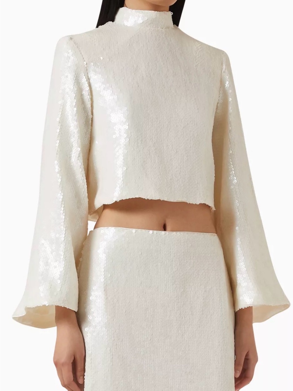 By Malina Cropped vanilla Sequin Long-Sleeve Top in Ivory Chic High-Neck